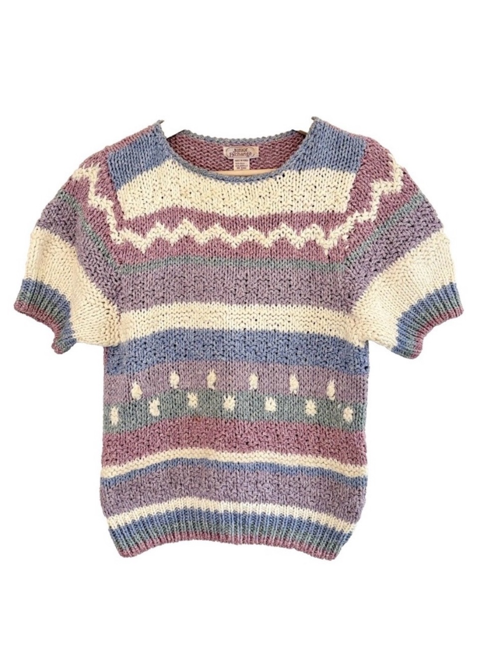 VTG Junior Exchange Pastel Striped Short Sleeve Silk Blend Knit Sweater